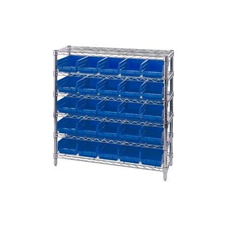 Global Industrial Chrome Wire Shelving with 25 4inH Plastic Shelf Bins Blue, 36x14x36 268980BL